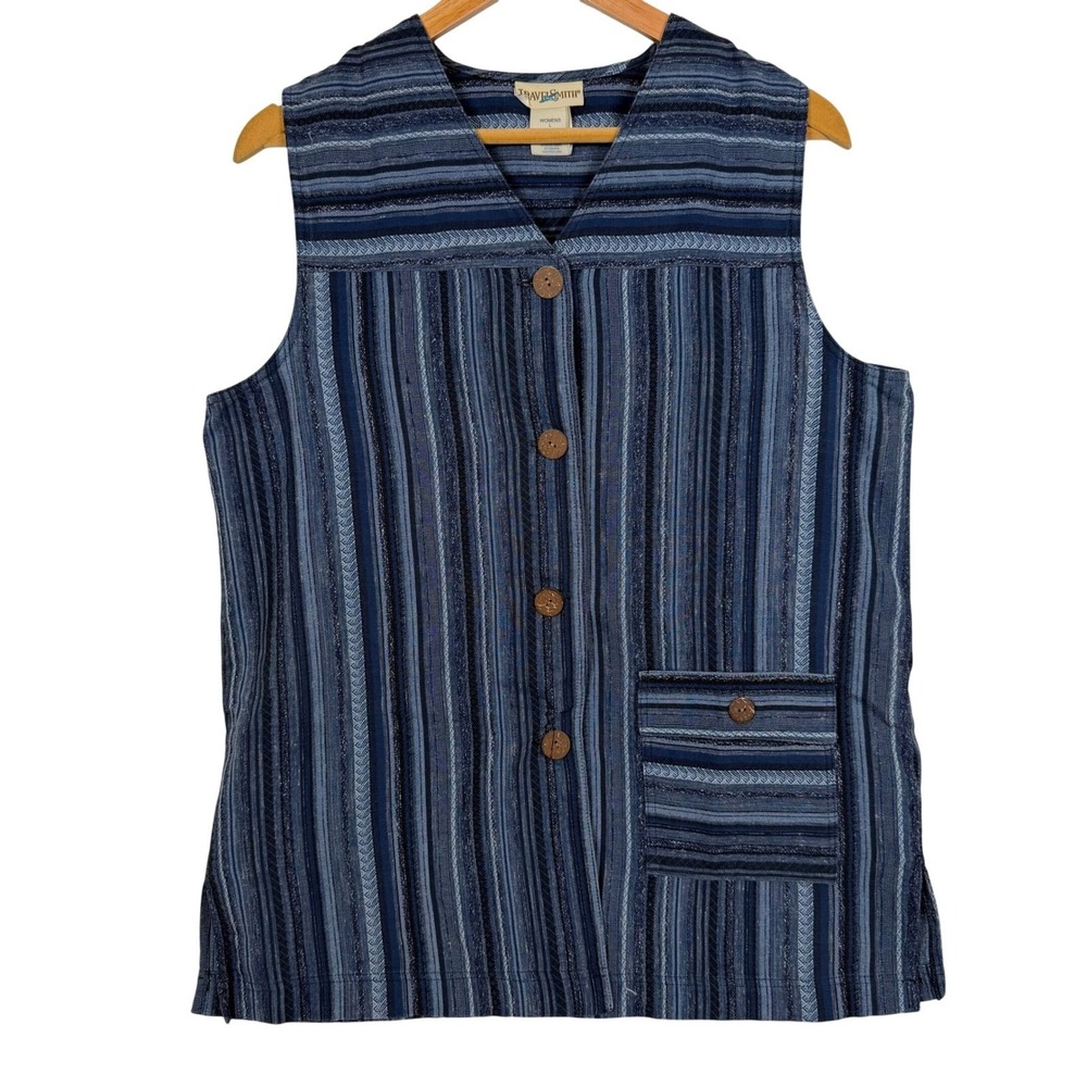 TravelSmith Vest Womens Large Blue Striped Cotton Linen Blend Button Up A-856